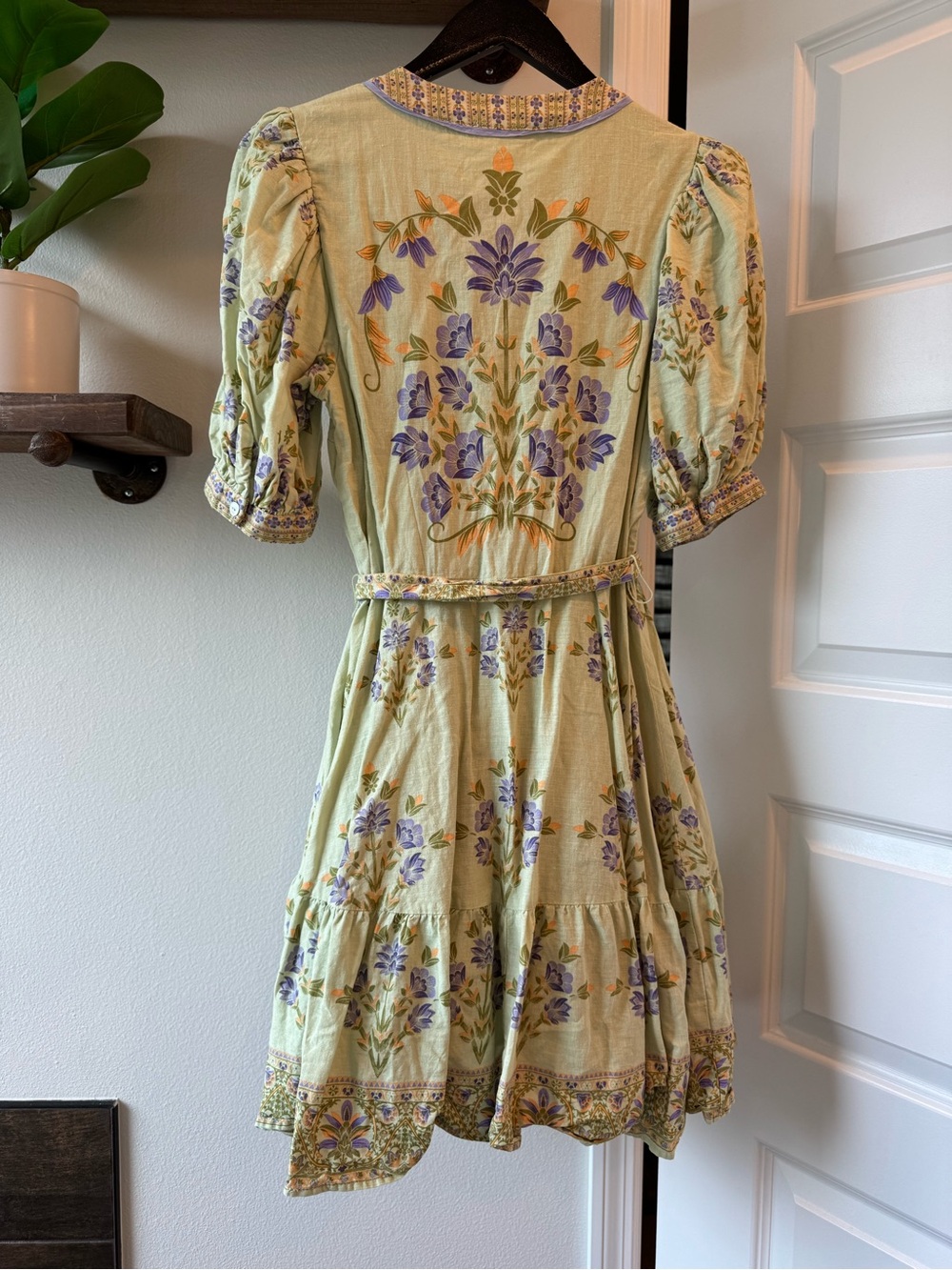 A loves A Light Green linen blend Floral Tie-Waist Mini Dress - Picture 4 of 8